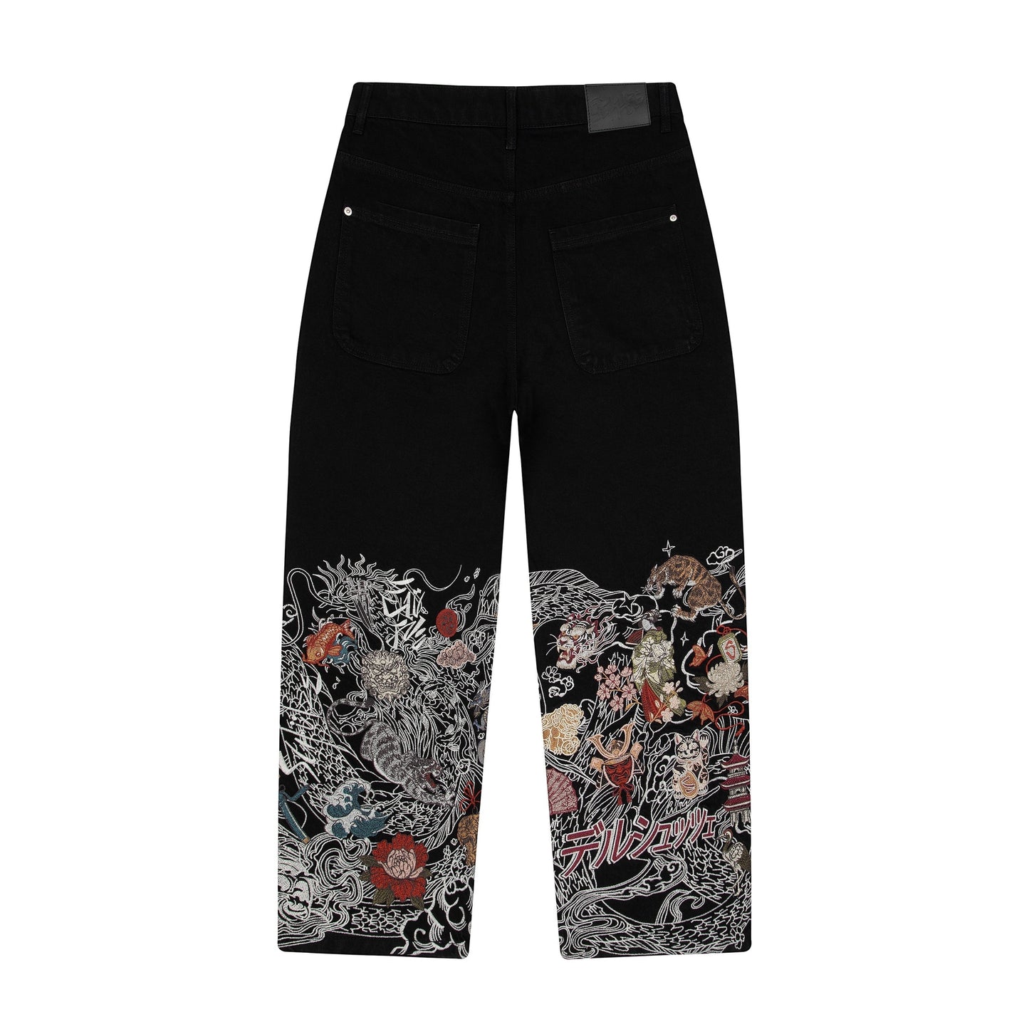 OFFCODE.USA black denim jeans with intricate dragon and floral embroidery on the lower legs, balloon fit, 100% cotton.