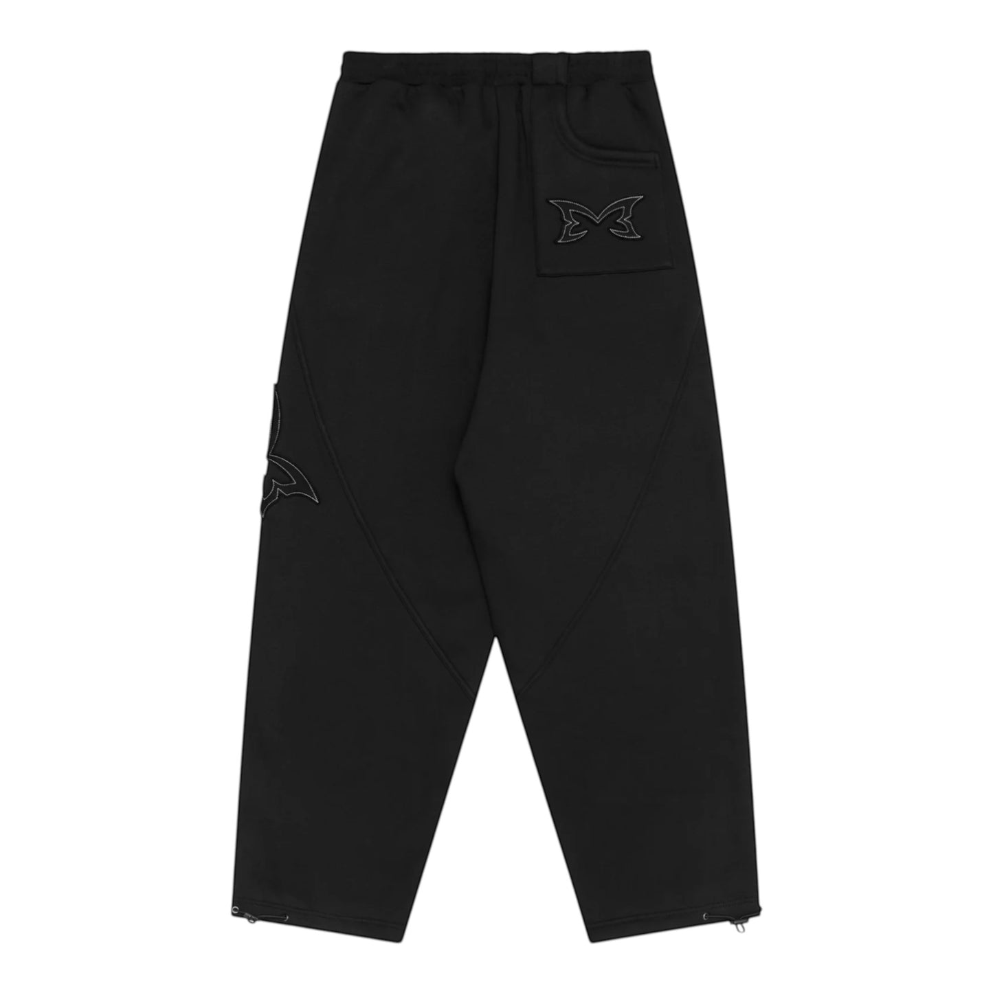 OFFCODE.USA black wide leg joggers with inverted panelling, applique logos, hidden zipper pockets, and ankle toggles.