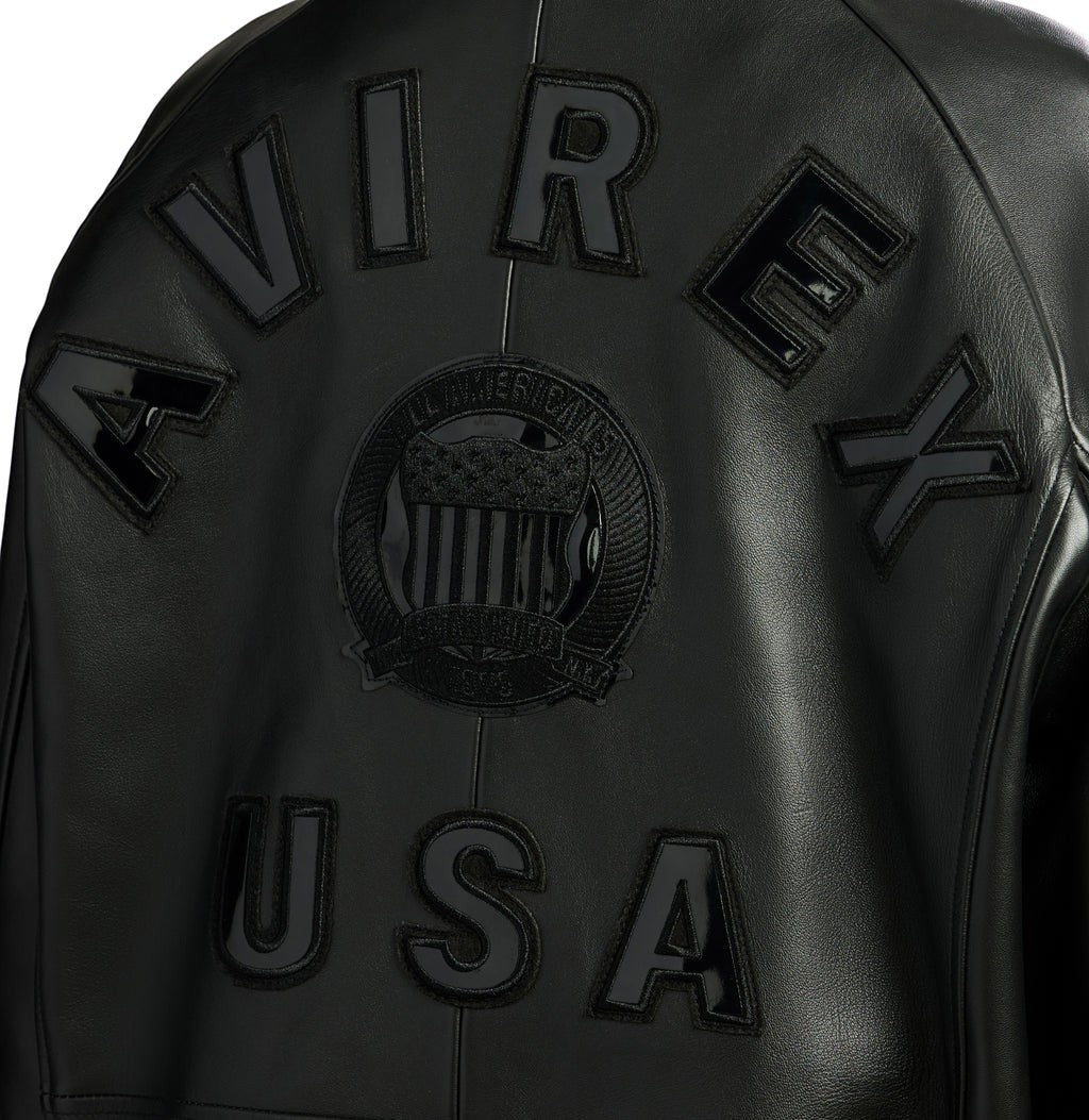 OFFCODE.USA black lamb leather bomber jacket with embroidered logo details on back and chest. Features front zipper and ribbed cuffs.