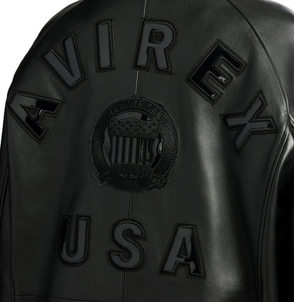 OFFCODE.USA black lamb leather bomber jacket with embroidered logo details on back and chest. Features front zipper and ribbed cuffs.