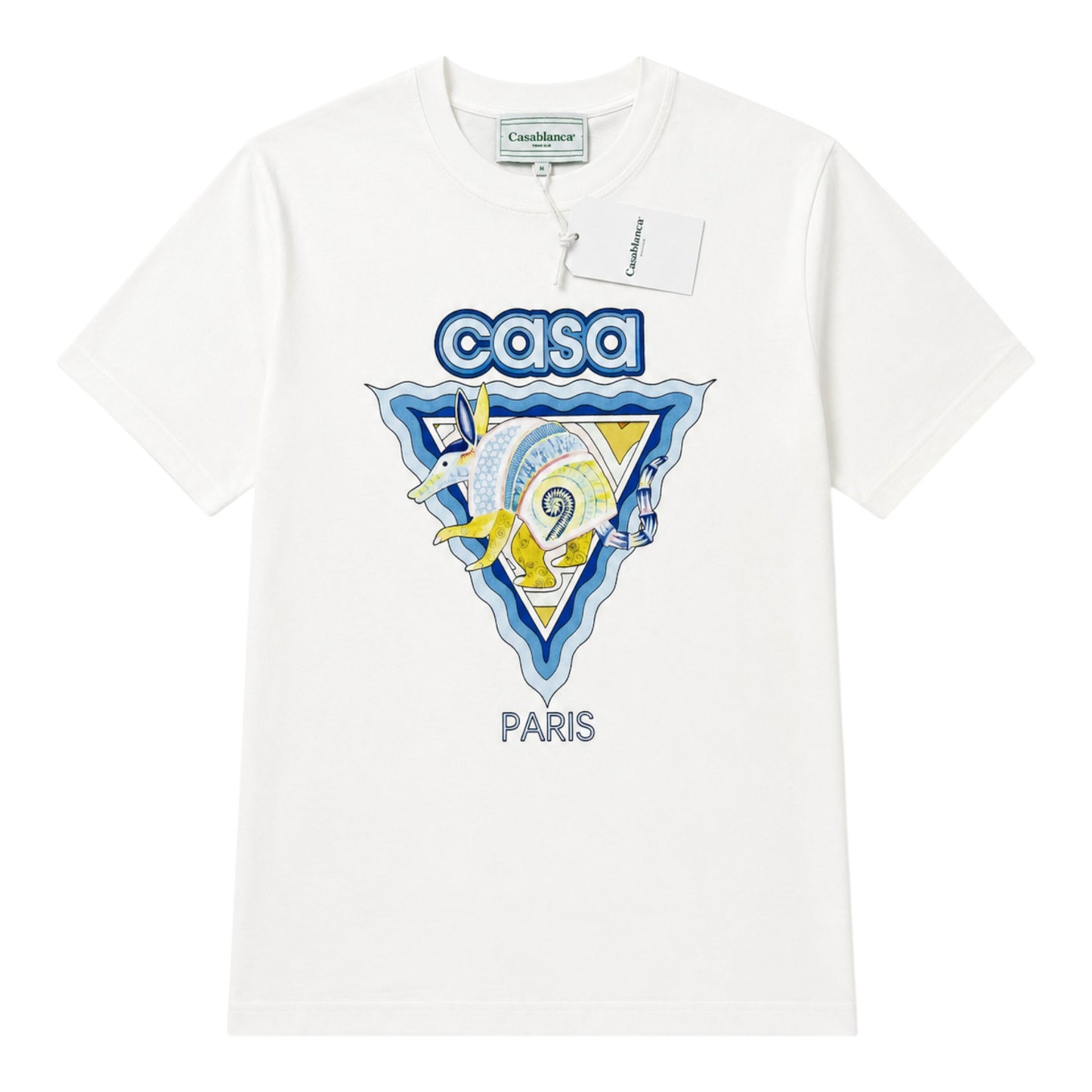OFFCODE.USA white cotton t-shirt with a colorful "Casa" graphic featuring an armadillo and "Paris" text.