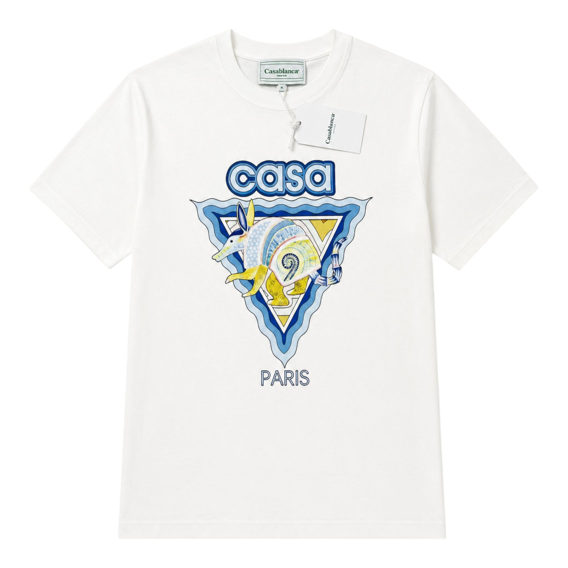 OFFCODE.USA white cotton t-shirt with a colorful "Casa" graphic featuring an armadillo and "Paris" text.