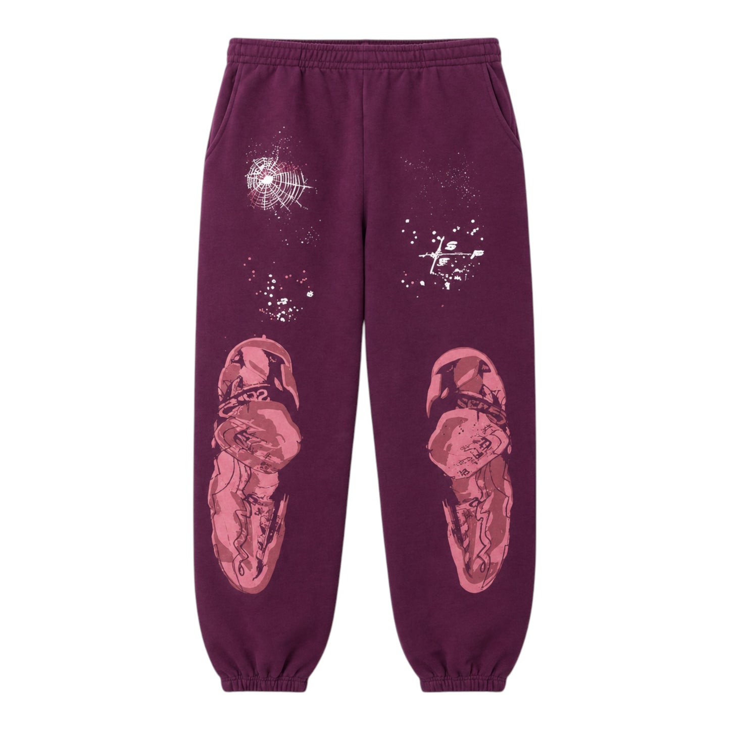 OFFCODE.USA plum purple sweatpants with graphic prints of figures and spiderwebs.