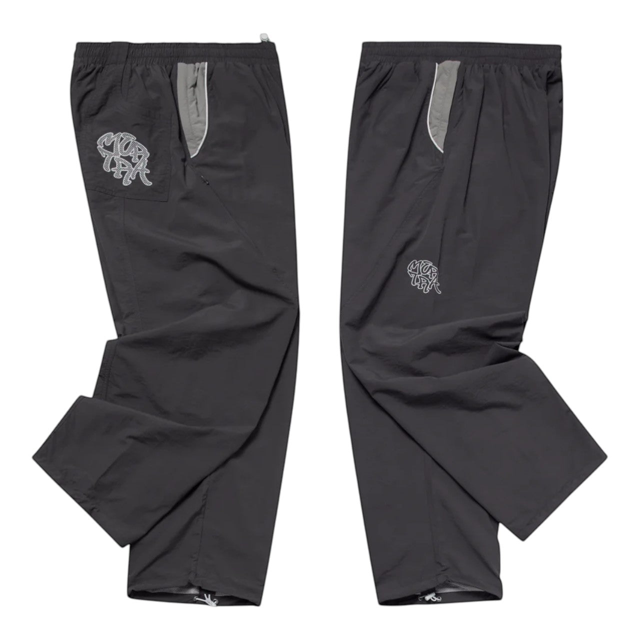 OFFCODE.USA Grey two-tone nylon track pants with applique mesh logo, hidden zipper pockets, and ankle toggles.