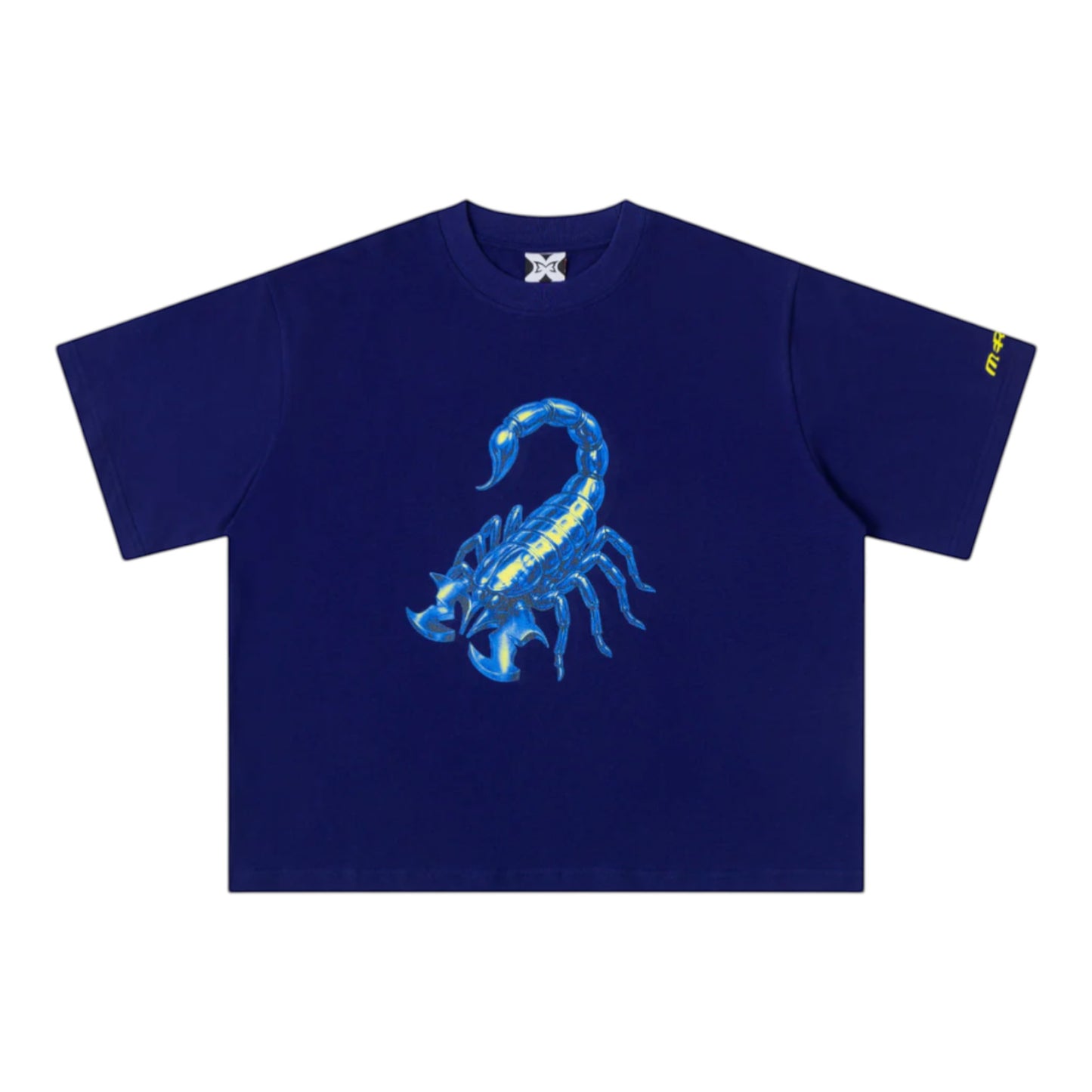 OFFCODE.USA blue cotton t-shirt with a metallic blue and yellow scorpion graphic print on the front.