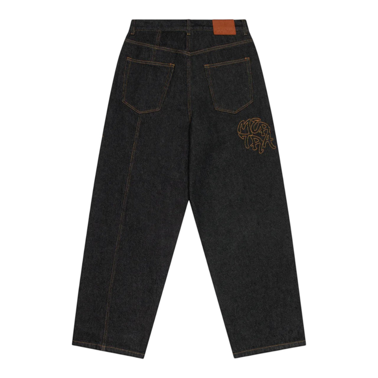 OFFCODE.USA Bigstep Denim jeans in black, featuring a wide leg fit, rice embroidered graphics, signature panelling, and a leather tab.