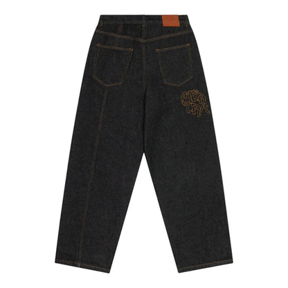 OFFCODE.USA Bigstep Denim jeans in black, featuring a wide leg fit, rice embroidered graphics, signature panelling, and a leather tab.
