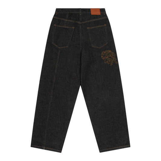 OFFCODE.USA Bigstep Denim jeans in black, featuring a wide leg fit, rice embroidered graphics, signature panelling, and a leather tab.