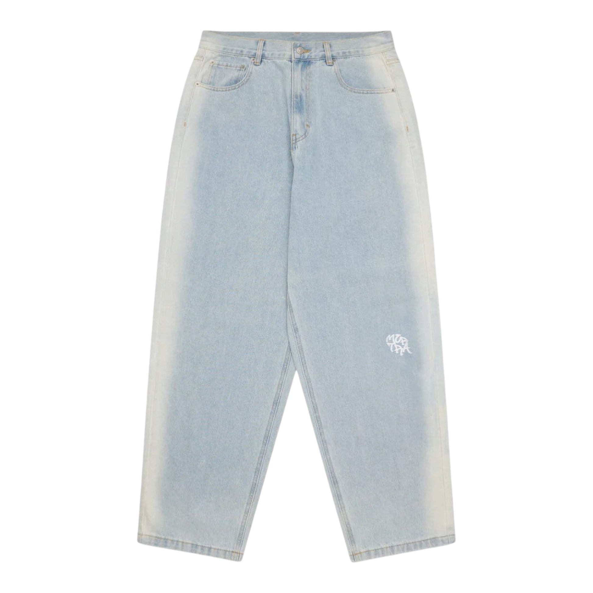 OFFCODE.USA Sider Denim light blue 100% cotton baggy wide leg jeans with wash down side detail and screen printed graphic.