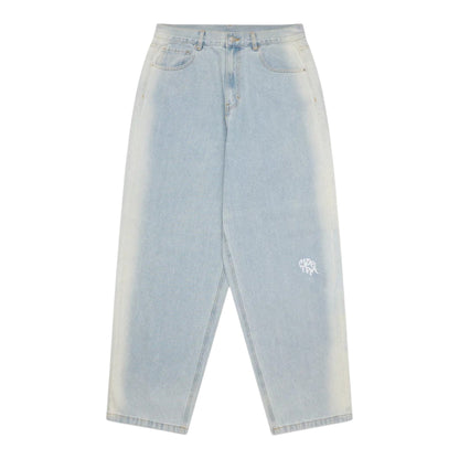 OFFCODE.USA Sider Denim light blue 100% cotton baggy wide leg jeans with wash down side detail and screen printed graphic.