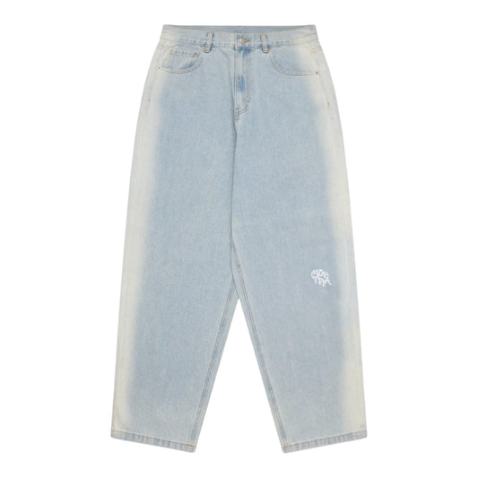 OFFCODE.USA Sider Denim light blue 100% cotton baggy wide leg jeans with wash down side detail and screen printed graphic.