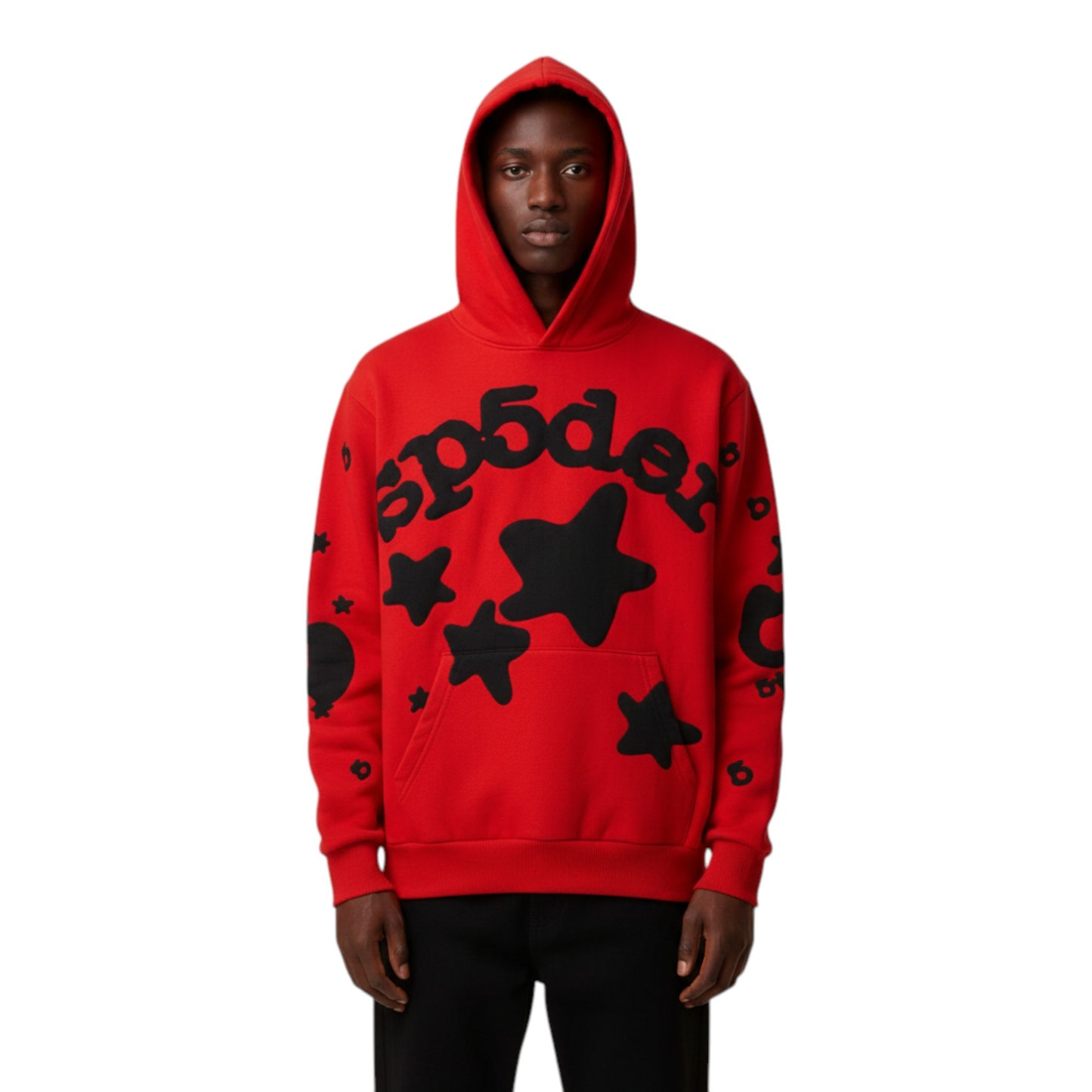 OFFCODE.USA red cotton hoodie with puff print large black stars and "sp5der" graphic. Features a front pocket and hood.