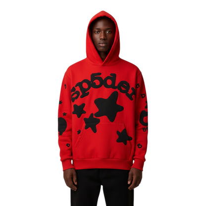 OFFCODE.USA red cotton hoodie with puff print large black stars and "sp5der" graphic. Features a front pocket and hood.