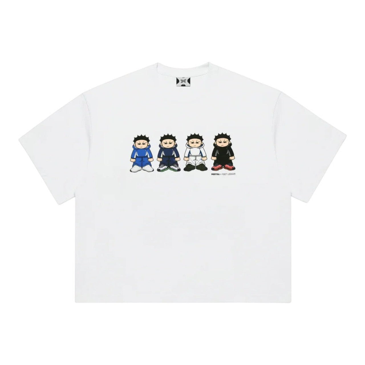 OFFCODE.USA MERTRA x Foot Locker white cotton t-shirt with cartoon characters in blue, navy, white, and black outfits.
