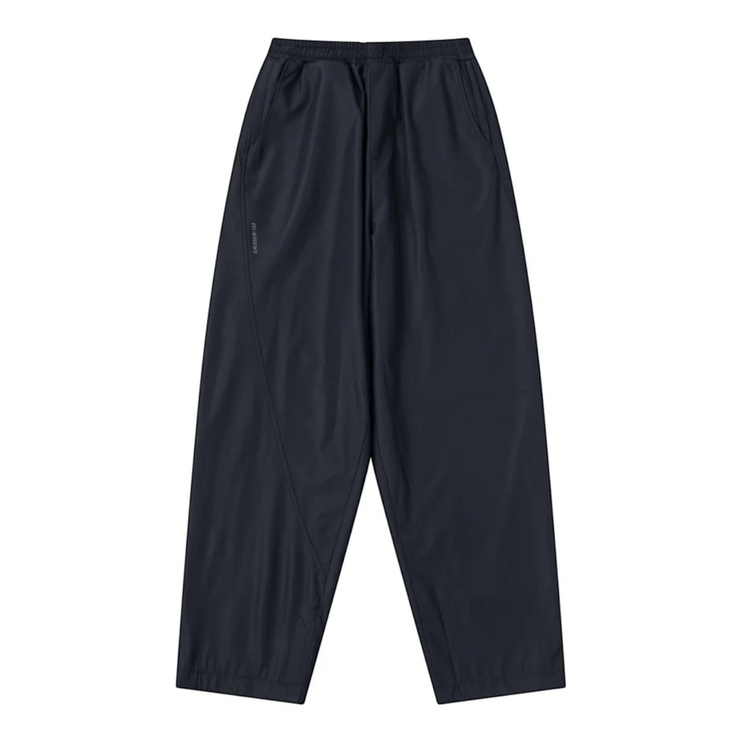 OFFCODE.USA dark navy tech joggers with asymmetrical paneling, reflective logos, and wide leg fit.