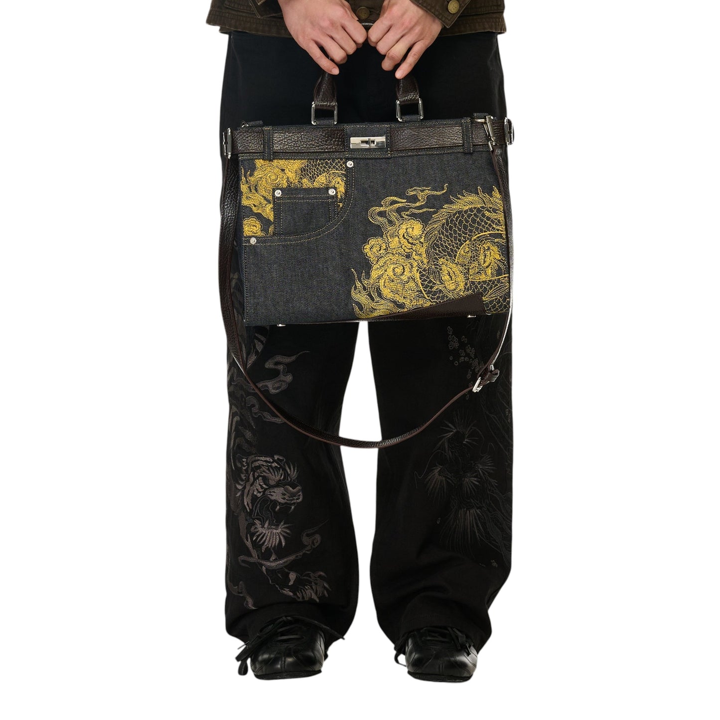 OFFCODE.USA yakuza v2 indigo raw denim handbag with gold dragon embroidery, leather trim, and functional belt detail.