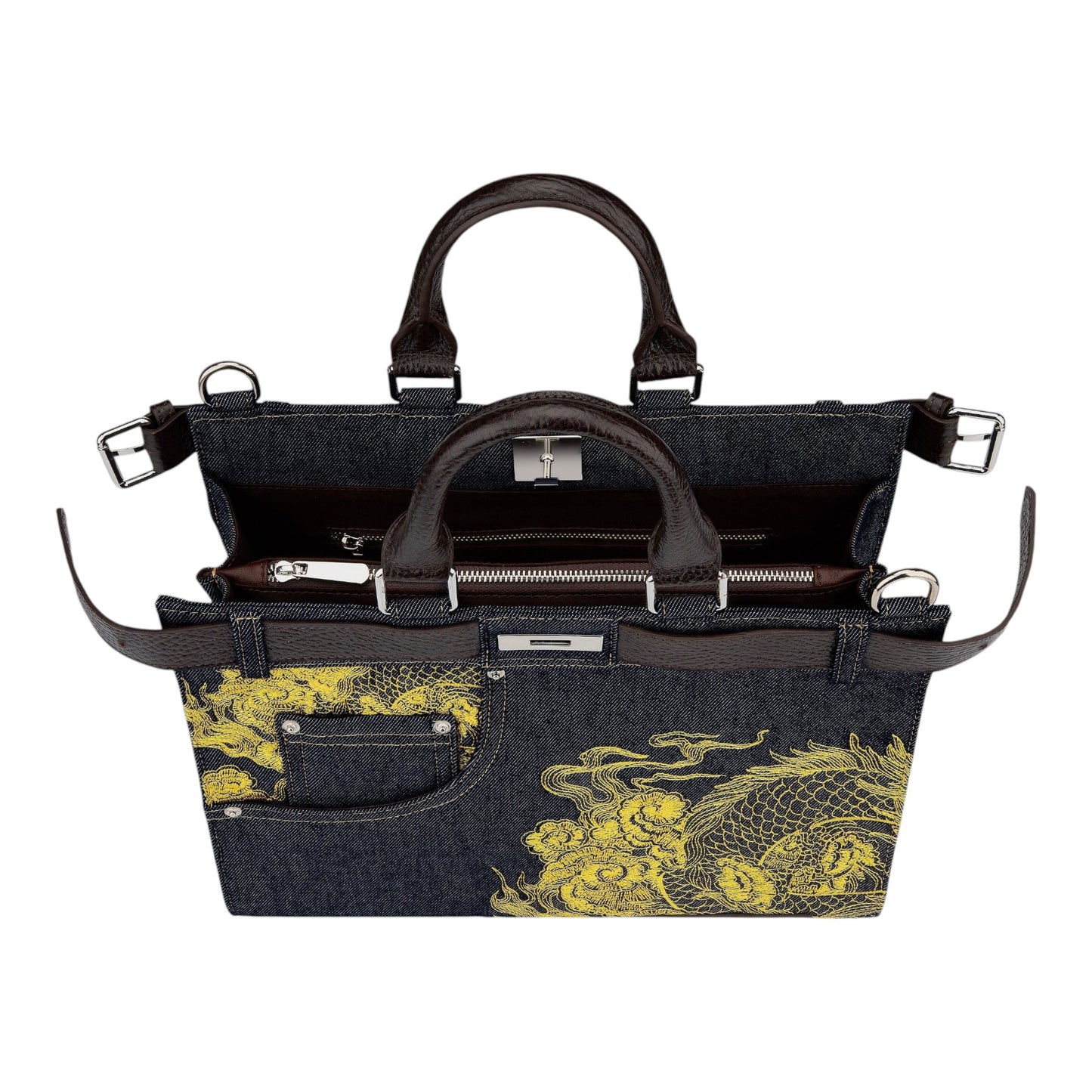 OFFCODE.USA yakuza v2 indigo raw denim handbag with yellow dragon embroidery, leather handles, and belt detail.