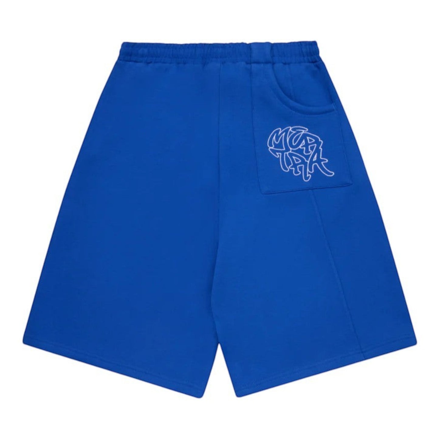 OFFCODE.USA Bigstep Shorts in royal blue with white embroidered graphics on the pocket and signature panelling.