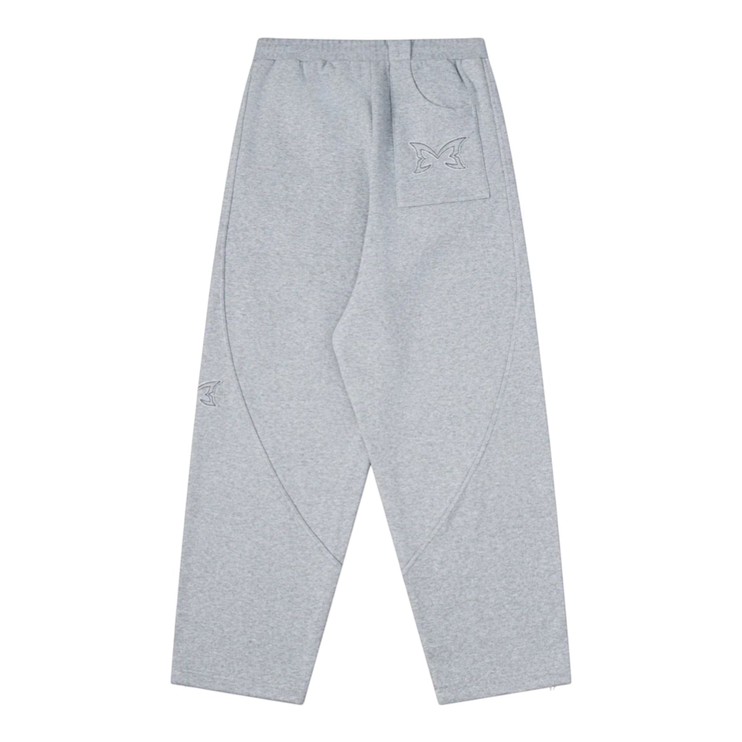 OFFCODE.USA grey cotton blend dual panel joggers with embroidered butterfly logo on back pocket.