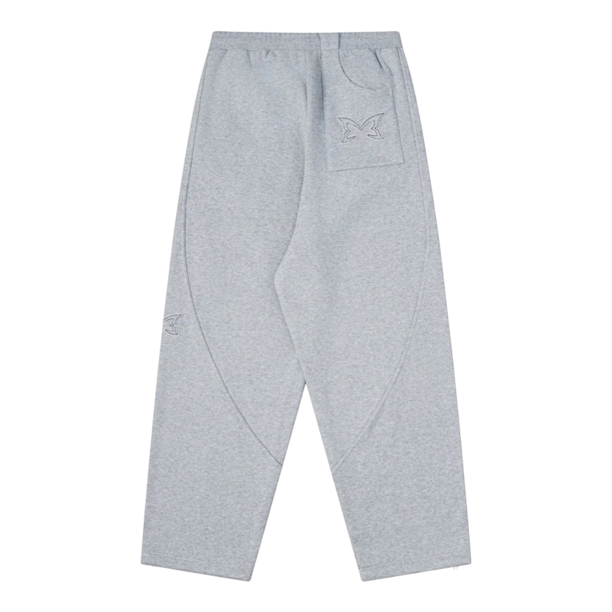 OFFCODE.USA grey cotton blend dual panel joggers with embroidered butterfly logo on back pocket.