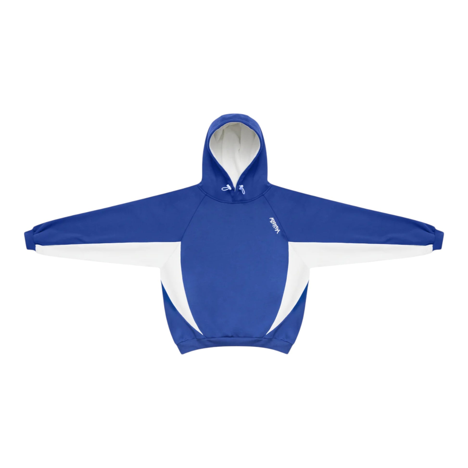 OFFCODE.USA Bigstep Hood blue and white color block hoodie with drawstring hood and logo detail.