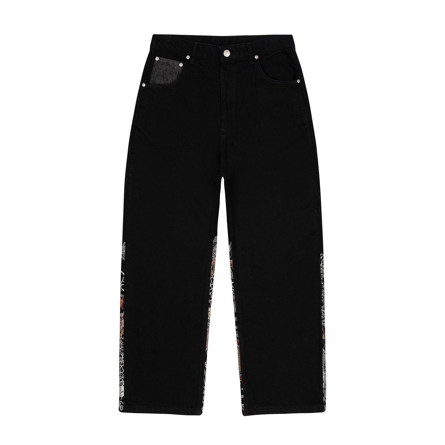 OFFCODE.USA black denim jeans with balloon fit, Japanese-style embroidery on the side seams and a raw denim coin pocket.