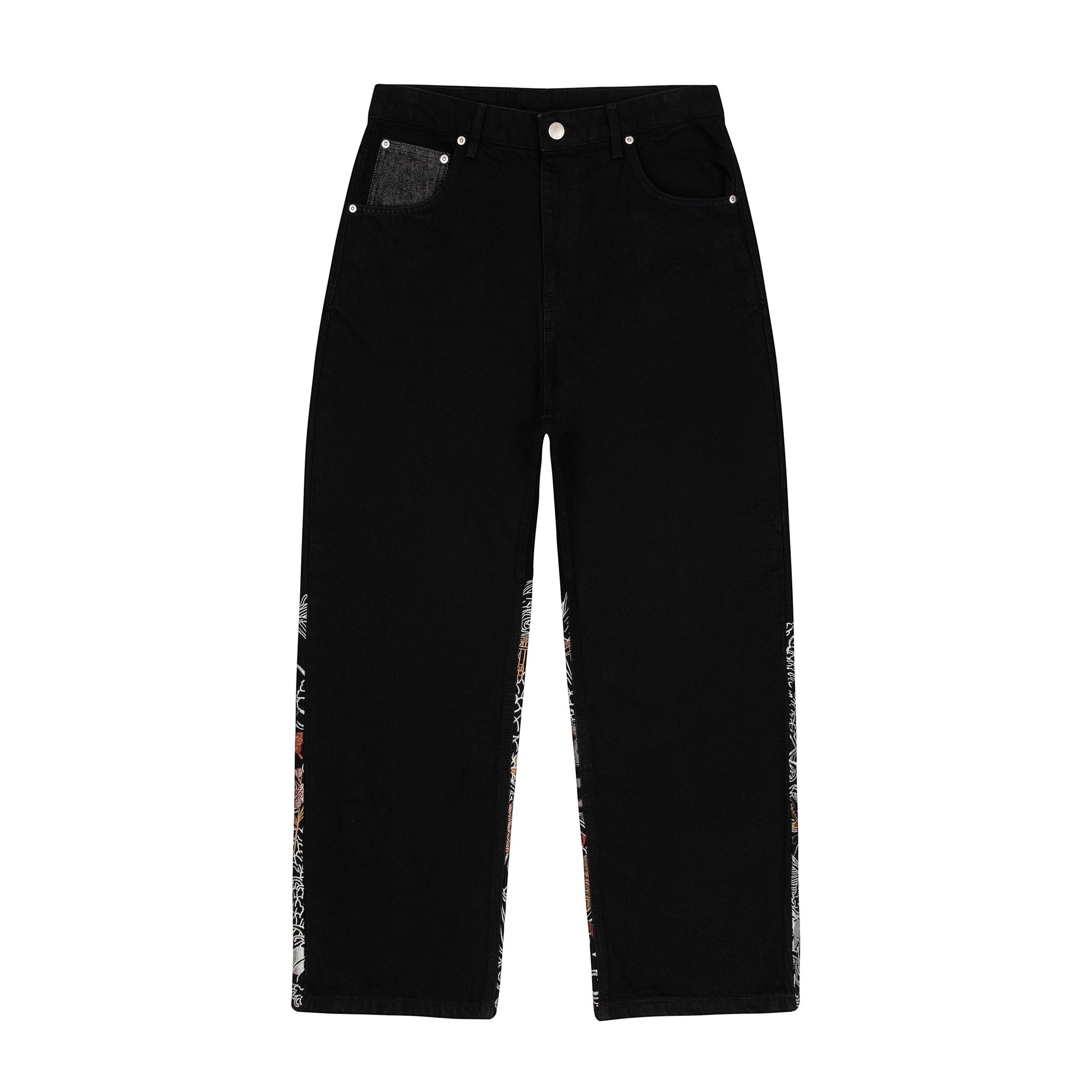OFFCODE.USA black denim jeans with balloon fit, Japanese-style embroidery on the side seams and a raw denim coin pocket.