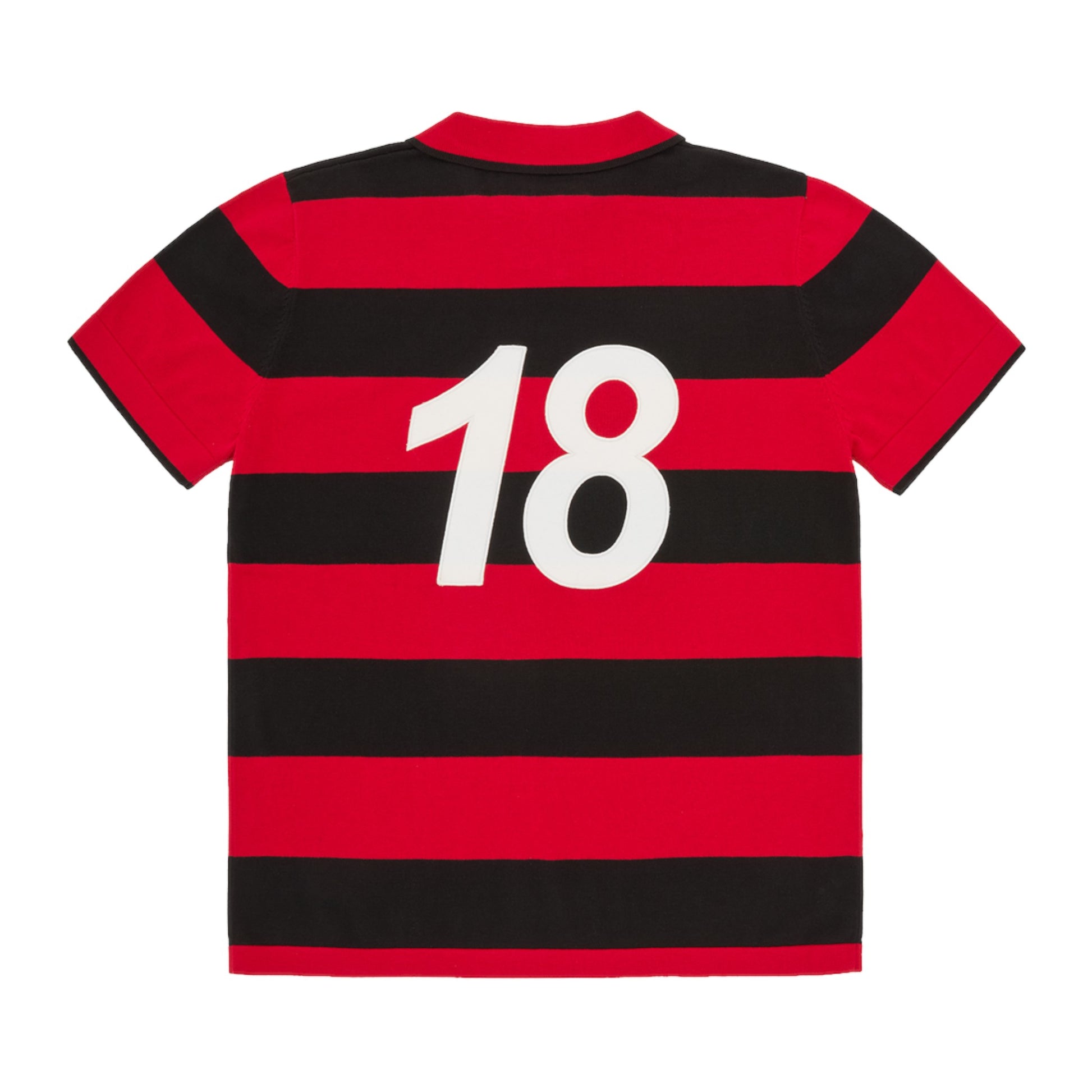OFFCODE.USA red and black striped knit jersey with white number 18 on back. 100% cotton.
