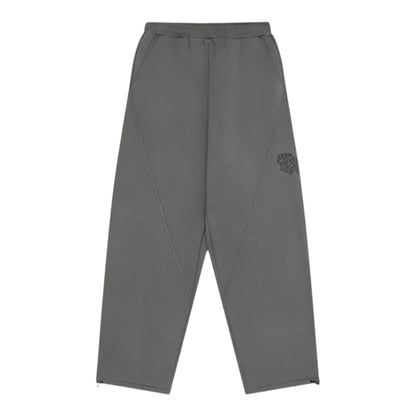 OFFCODE.USA charcoal grey wide leg joggers with signature panelling, embroidered graphics, and ankle drawcords.