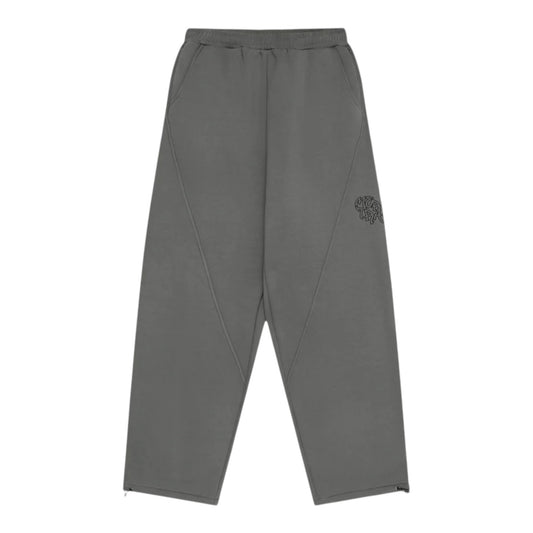 OFFCODE.USA charcoal grey wide leg joggers with signature panelling, embroidered graphics, and ankle drawcords.