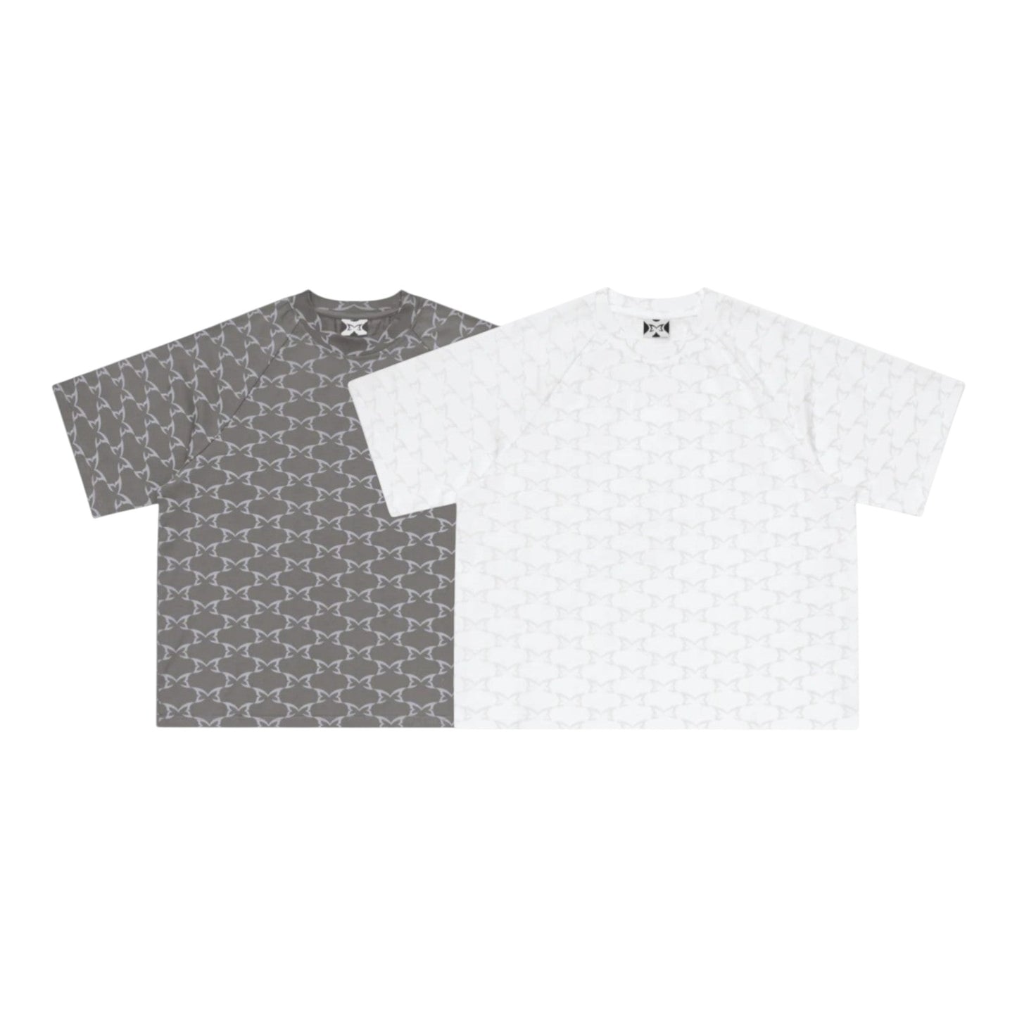 OFFCODE.USA Monogram Tee in white and grey, 100% cotton with all-over monogram print and boxy fit.