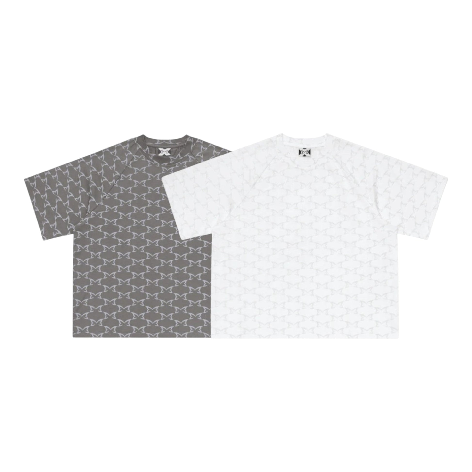 OFFCODE.USA Monogram Tee in white and grey, 100% cotton with all-over monogram print and boxy fit.