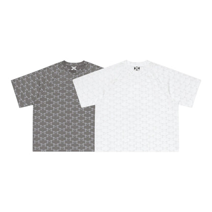 OFFCODE.USA Monogram Tee in white and grey, 100% cotton with all-over monogram print and boxy fit.