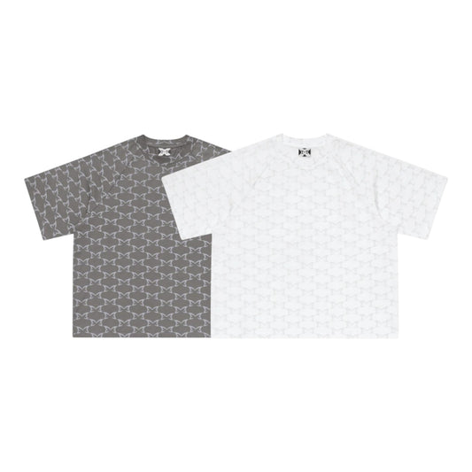 OFFCODE.USA Monogram Tee in white and grey, 100% cotton with all-over monogram print and boxy fit.