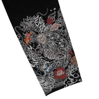 OFFCODE.USA black denim jeans with intricate dragon, koi fish, and floral embroidery. 100% cotton.