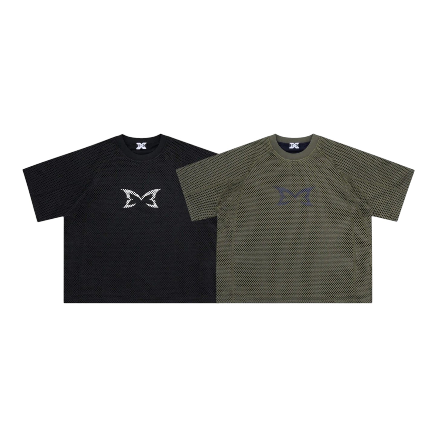 OFFCODE.USA Layered Mesh Jersey with built-in t-shirt, screen printed graphic, and boxy fit. Available in black and olive green.