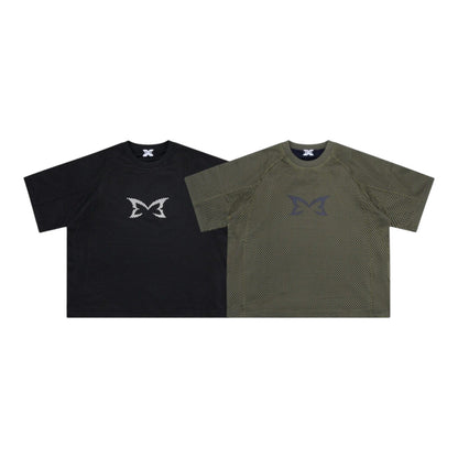 OFFCODE.USA Layered Mesh Jersey with built-in t-shirt, screen printed graphic, and boxy fit. Available in black and olive green.