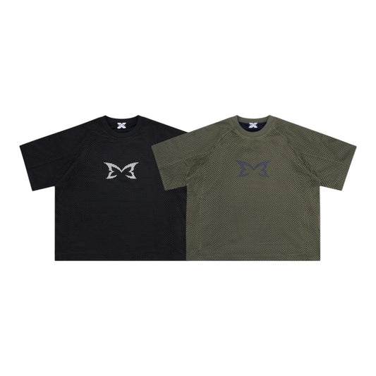 OFFCODE.USA Layered Mesh Jersey with built-in t-shirt, screen printed graphic, and boxy fit. Available in black and olive green.