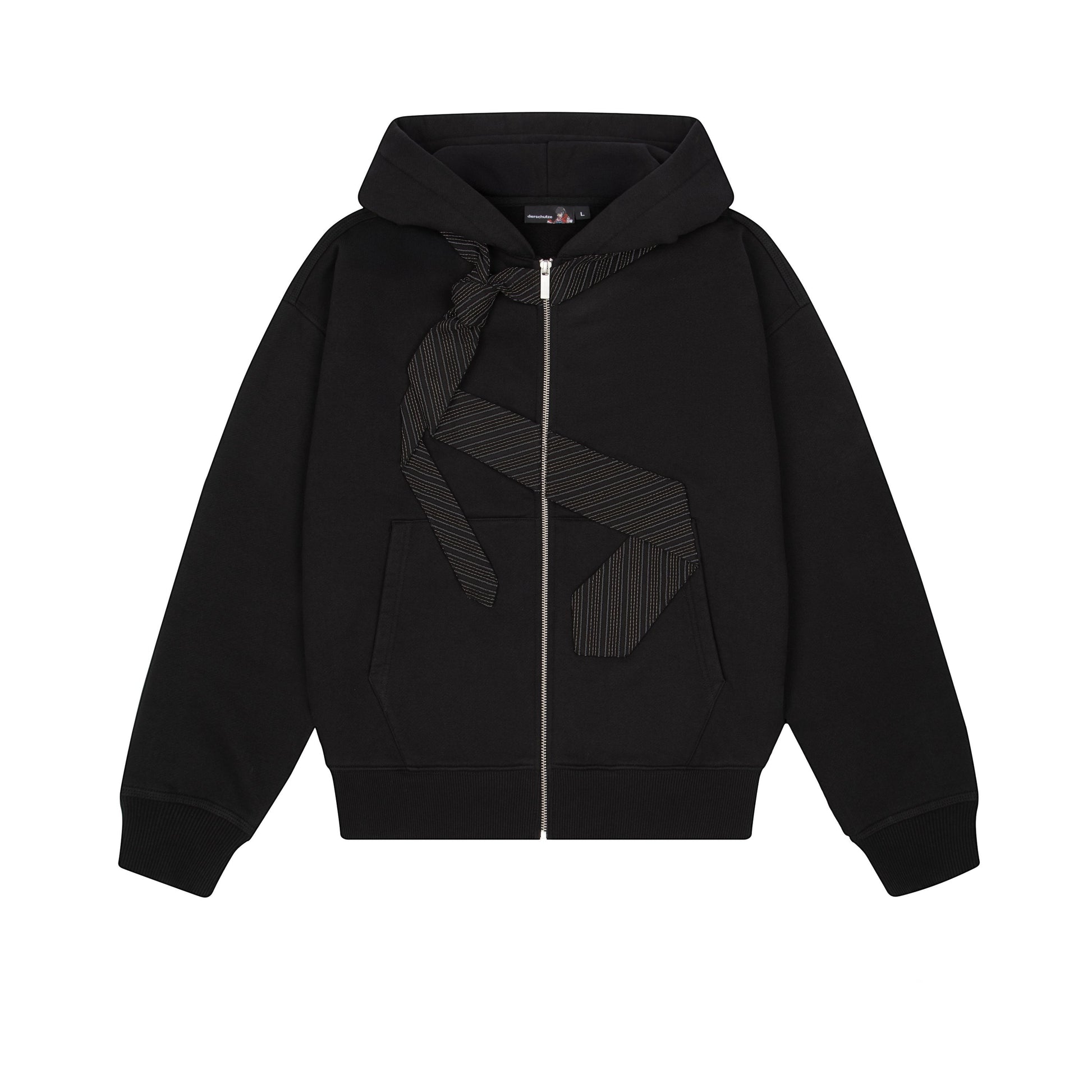 OFFCODE.USA black cotton zip-up hoodie with embroidered tie patch on front and back, YKK zipper.