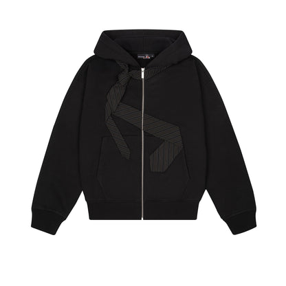 OFFCODE.USA black cotton zip-up hoodie with embroidered tie patch on front and back, YKK zipper.