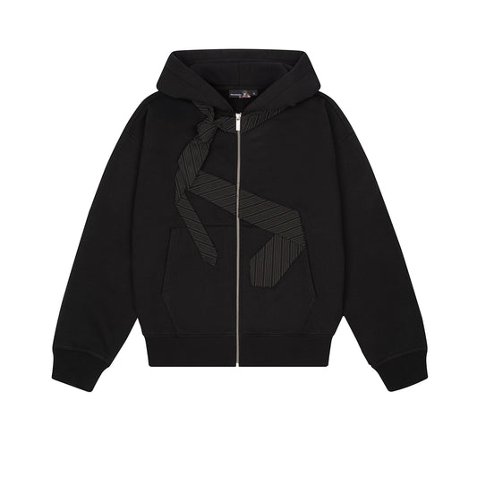 OFFCODE.USA black cotton zip-up hoodie with embroidered tie patch on front and back, YKK zipper.