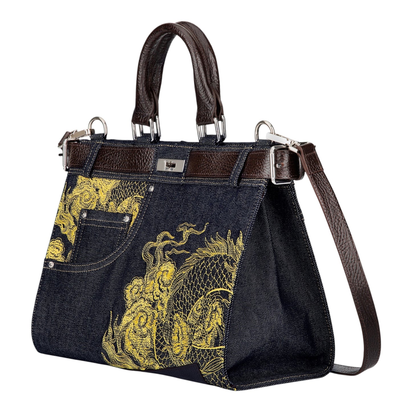OFFCODE.USA yakuza v2 indigo raw denim handbag with yellow dragon embroidery, leather trim, and functional belt detail.