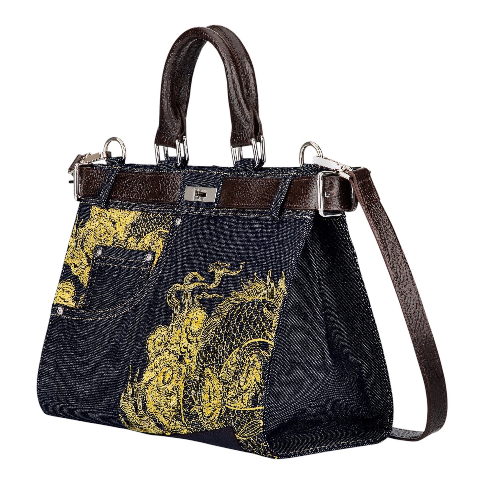 OFFCODE.USA yakuza v2 indigo raw denim handbag with yellow dragon embroidery, leather trim, and functional belt detail.