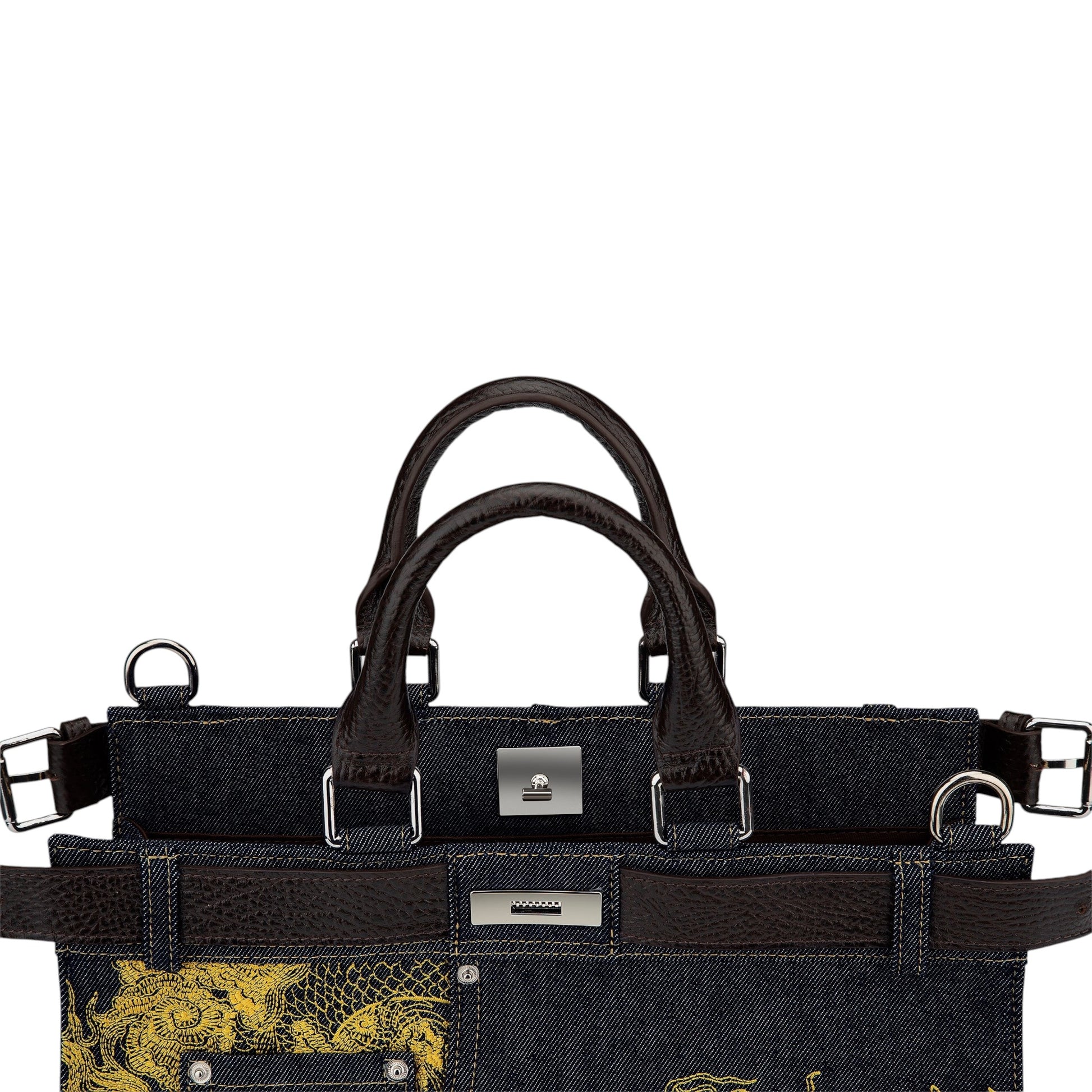 OFFCODE.USA yakuza v2 indigo raw denim handbag with genuine leather handles, belt detail, and gold dragon embroidery.