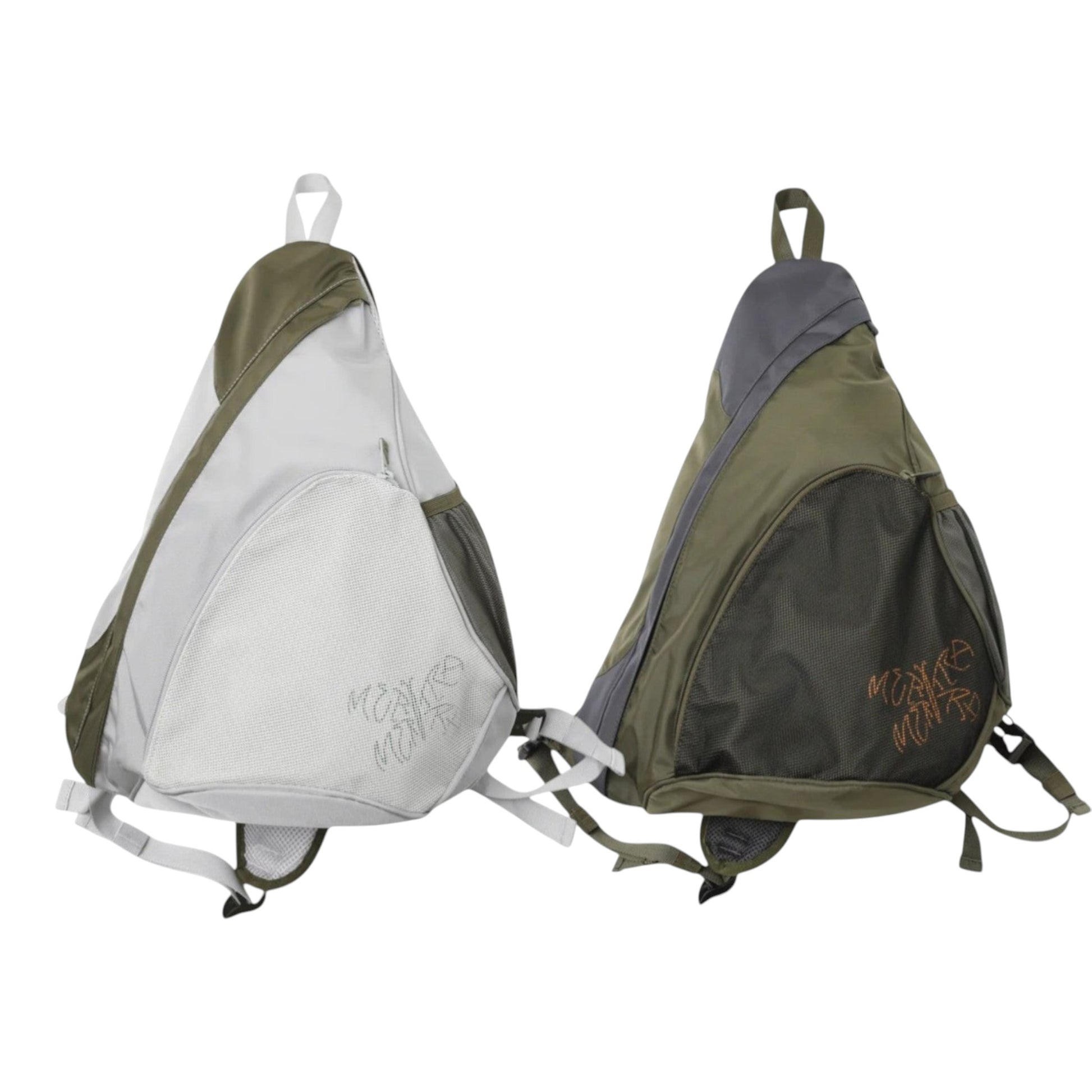 OFFCODE.USA two-tone sling bags in white/olive green and grey/olive green with mesh panels and embroidered logo.