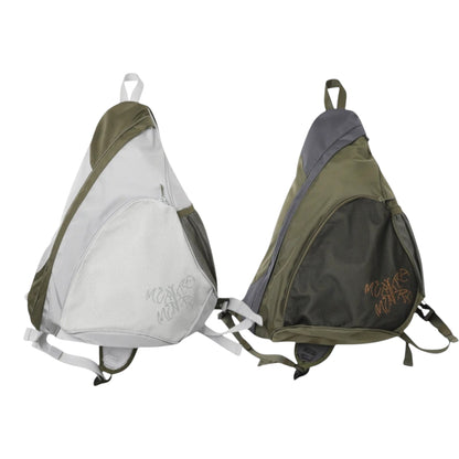 OFFCODE.USA two-tone sling bags in white/olive green and grey/olive green with mesh panels and embroidered logo.