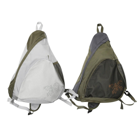 OFFCODE.USA two-tone sling bags in white/olive green and grey/olive green with mesh panels and embroidered logo.