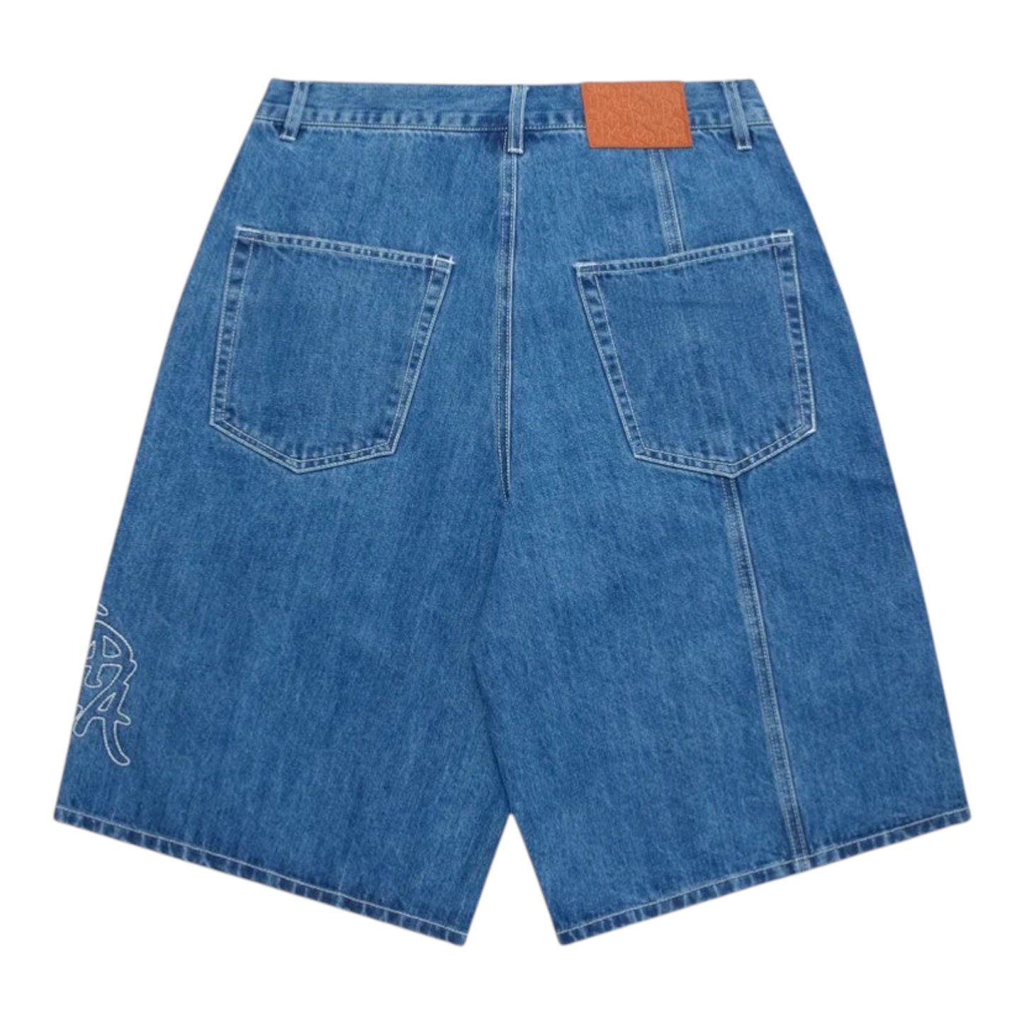 OFFCODE.USA Bigstep Jorts: blue denim, baggy wide leg fit, rice embroidered graphics, signature panelling, leather tab, branded button.