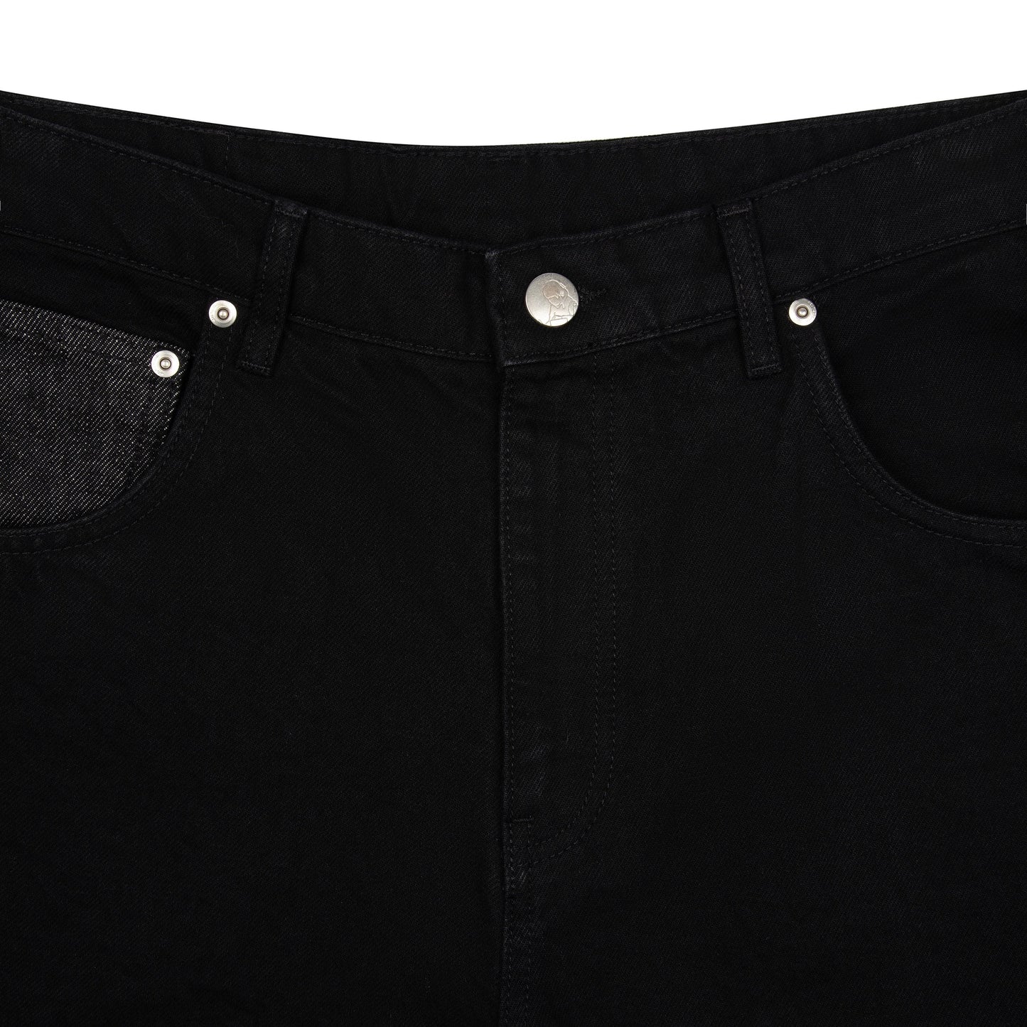 OFFCODE.USA black denim jeans with balloon fit, 14oz Japanese-style cotton, raw denim coin pocket, and intricate embroidery.