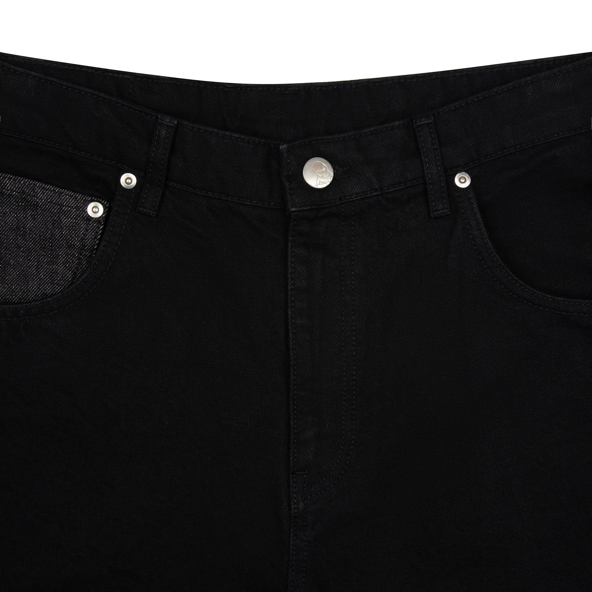 OFFCODE.USA black denim jeans with balloon fit, 14oz Japanese-style cotton, raw denim coin pocket, and intricate embroidery.